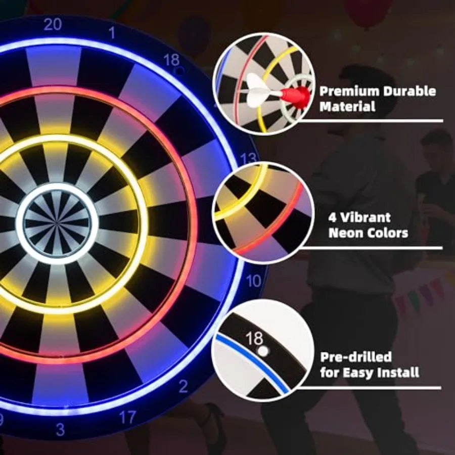 LED light-up dartboard for game room wall decor, ABS plastic, black with blue backlight, safe suction cup darts included