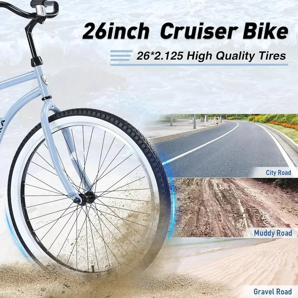 26 Adult Beach Cruiser Bicycle - Single Speed, Wide Tires for Stability, Rear Brake Options