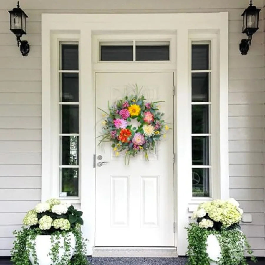 Spring Summer Wreaths for Front Door Outside 24 Inch, Floral Door Wreath with Peony Dahlia Rose, for All Season Easter Indoor O