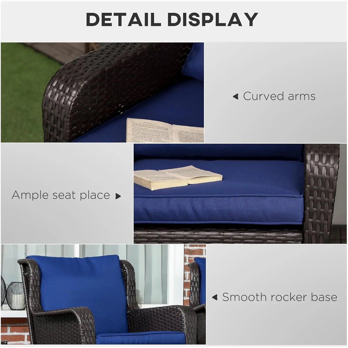 Outdoor Wicker Rocking Chair with Wide Seat, Thick Cushions, Rattan Rocker with Steel Frame, High Weight Capacity, Customized