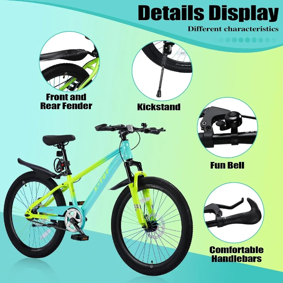 24 Inch Single Speed Mountain Bike for Boys Girls Ages 8-12, Lightweight Youth Bicycle with Front Suspension Fork, Front and Re