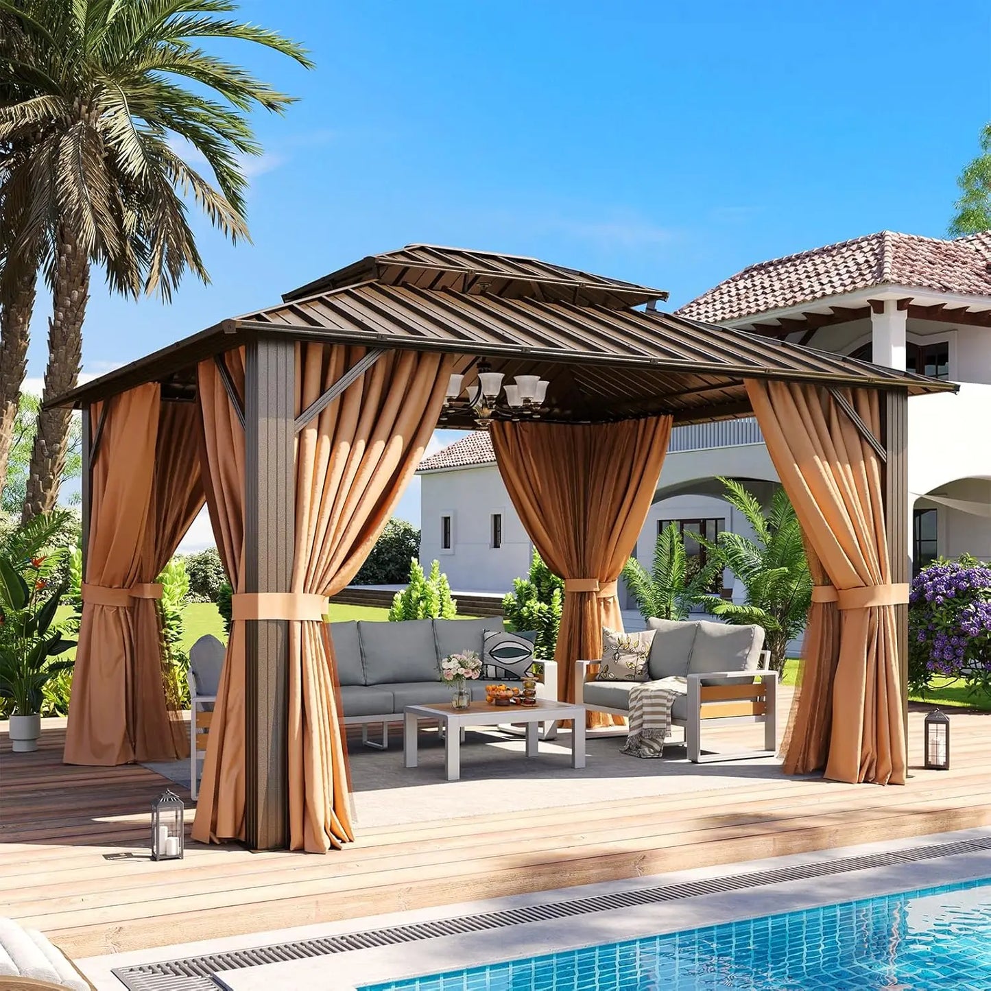 Hardtop Gazebo Double Galvanized Steel Roof Breathable Net & Privacy Curtain Outdoor Patio Backyard Pavilion, Custom