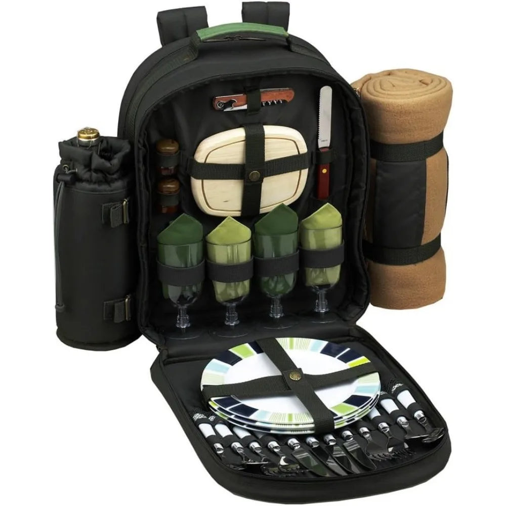Eco-Friendly 4-Person Picnic Backpack with Insulated Cooler, Wine Holder, and Blanket in Forest Green