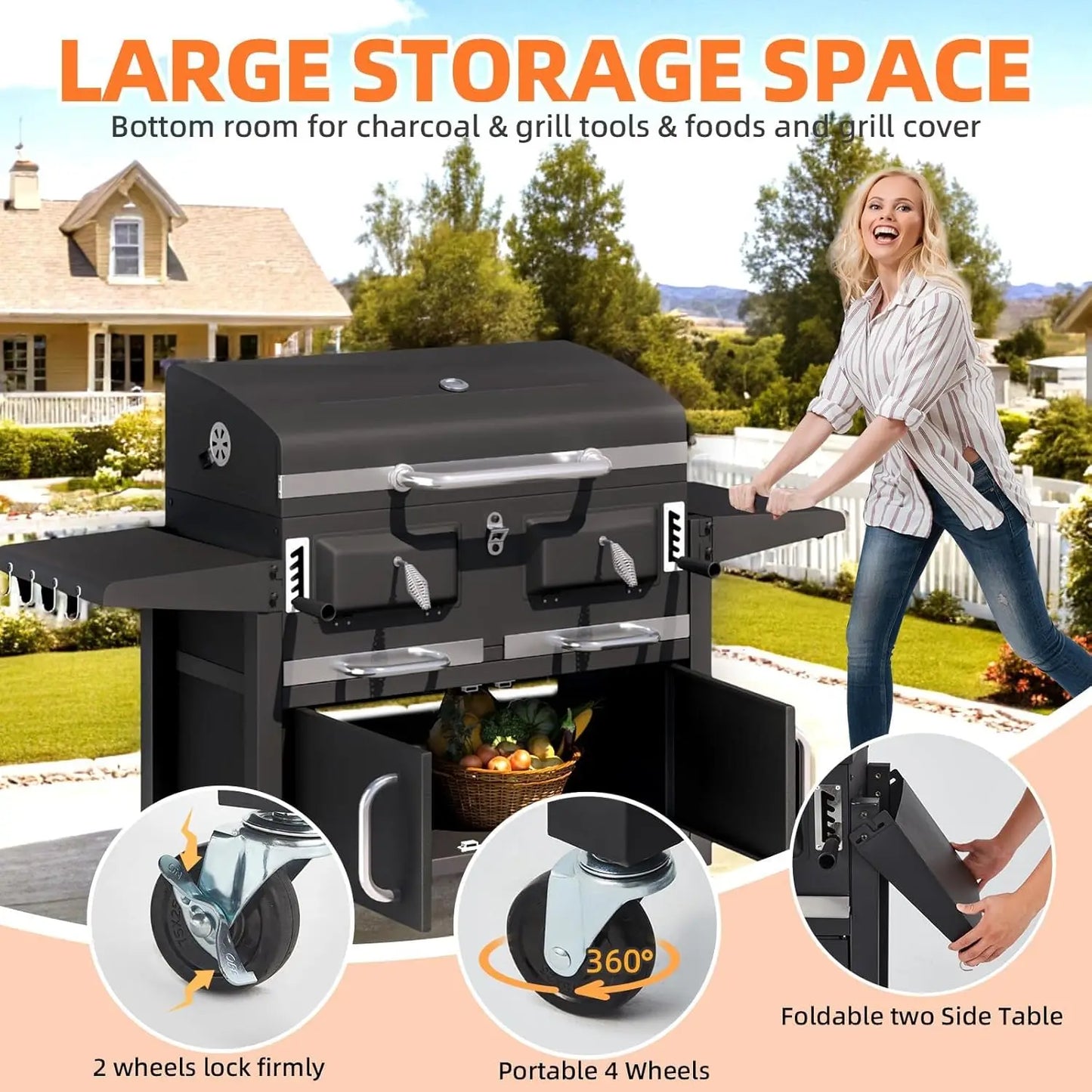 36 In Large Charcoal Grills - 620 Sq.In Oversized BBQ Area with Storage Cabinet & Individual Lifting Charcoal, Customized