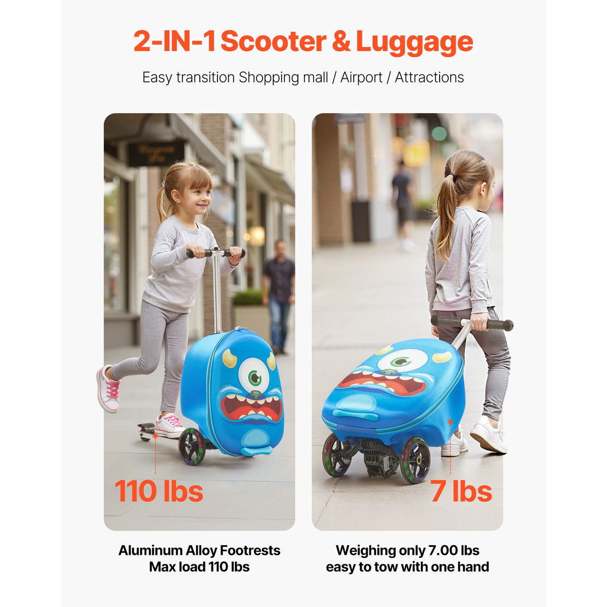 SucceBuy 20in Ride-on Luggage 20L Kids Scooter Suitcase with Flash PU Wheels & Adjustable Handle Foldable Luggage for Children