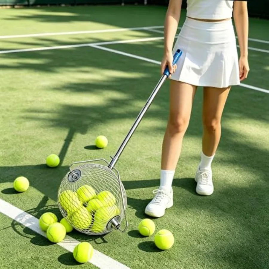 Tennis and Pickleball Ball Picker Upper, Extendable Lightweight Aluminum Retriever with Black Hopper, Ergonomic No-Bend Design