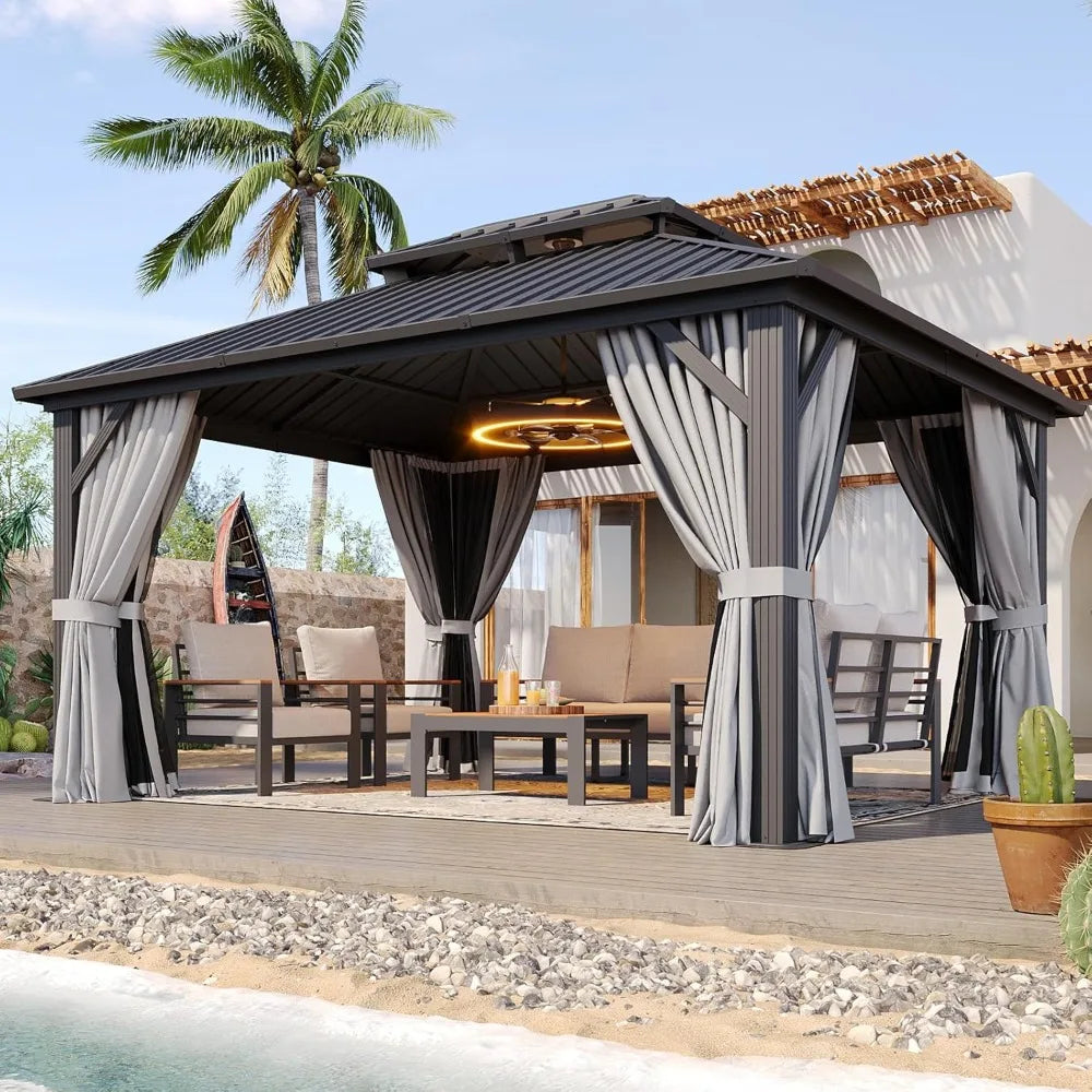 Hardtop Gazebo Double Galvanized Steel Roof Breathable Net & Privacy Curtain Outdoor Patio Backyard Pavilion, Custom