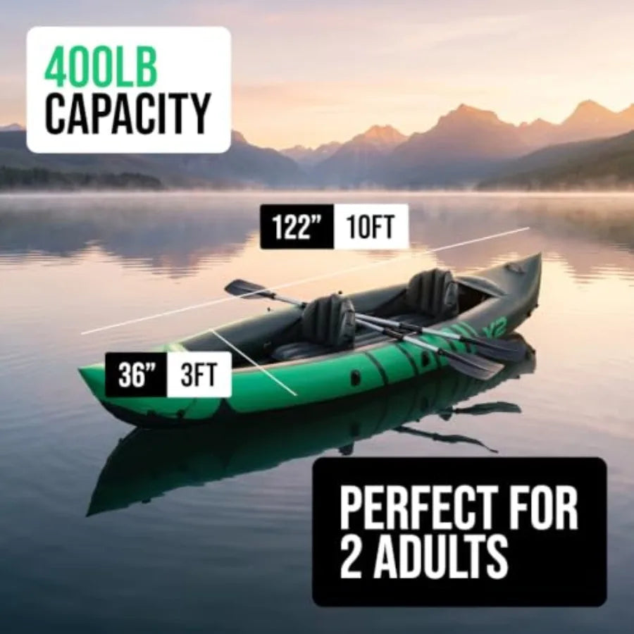 Inflatable Tandem Kayak Set For Outdoor Water Sports, PVC Material, Blue And Gray, Includes Seats Paddles Pump And Carry Bag