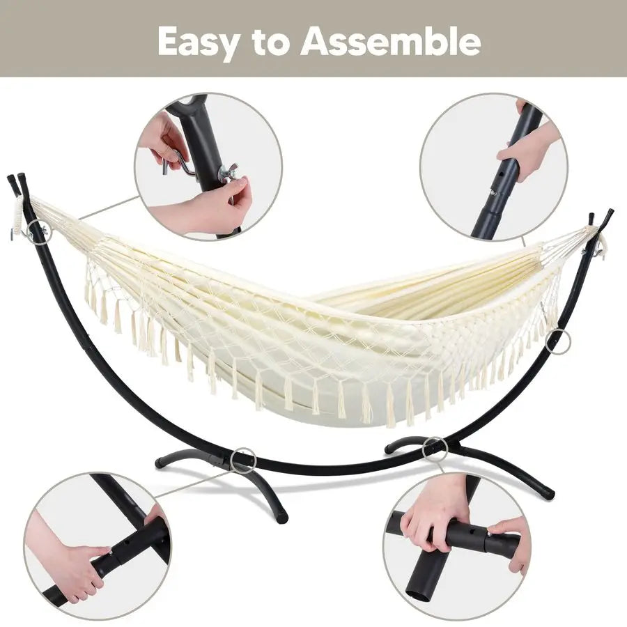 Portable Outdoor Hammock with Stand Included, Double Hammock with Tassel for Outside, Beige