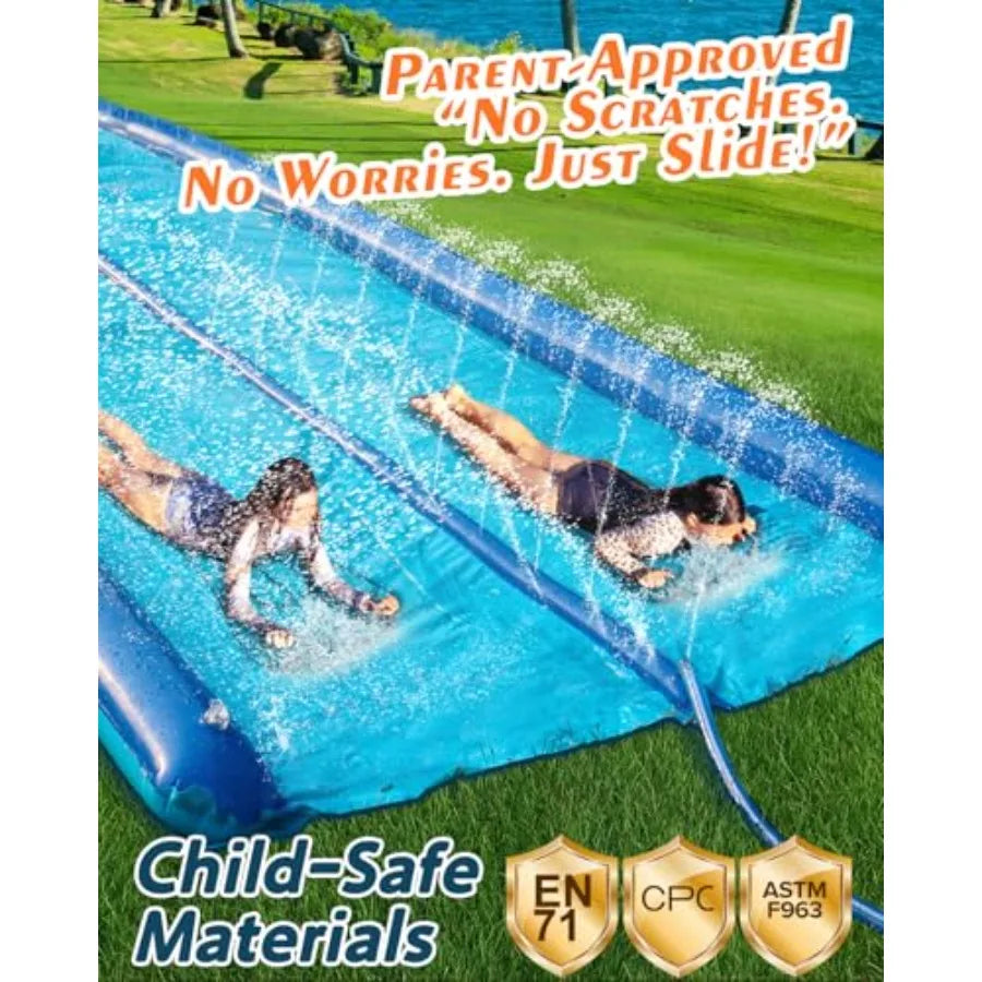 Backyard slip and water slide for kids and adults, 2-lane extra-long inflatable with sprinkler and bodyboards, heavy-duty PVC b