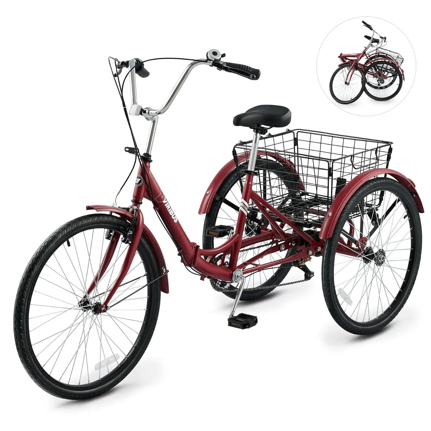 Folding Tricycle for Adults, 7 Speed Foldable Adult Tricycle with Removable Wheeled Basket, Folding 3 Wheel Bikes for, Custom