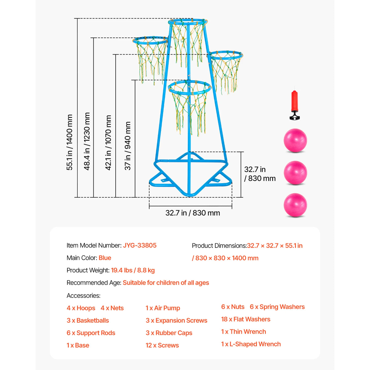 SucceBuy 4-Hoop Kids Basketball Hoop Stand with Adjustable Heights & 3 Balls for Boys Girls Indoor Outdoor Basketball Sport Toys