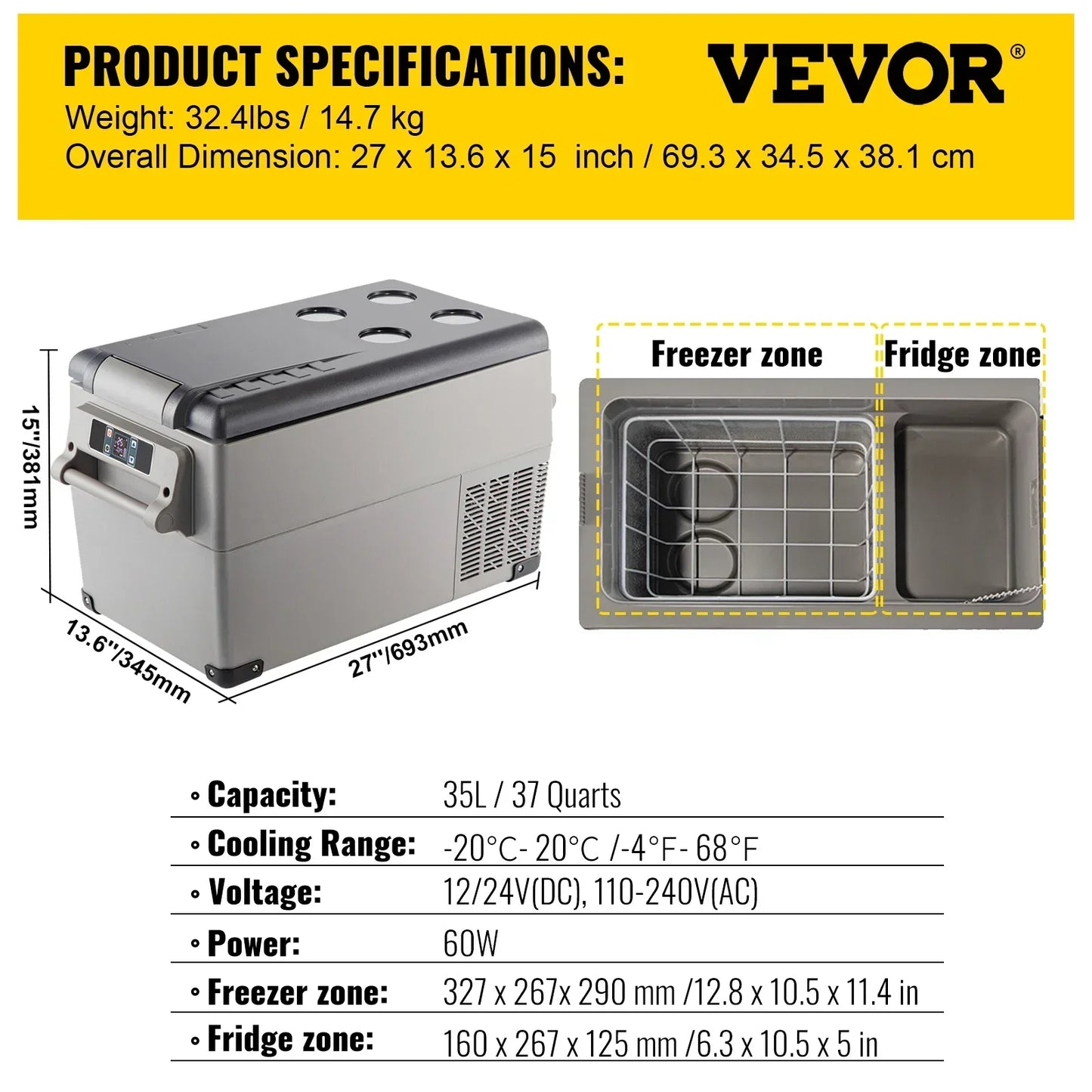 VEVOR 15-55L Car Refrigerator, 12V Car Fridge, -4℉-50℉ Adjustable Range,12/24V DC and 100-240V AC Compressor Cooler for Outdoor