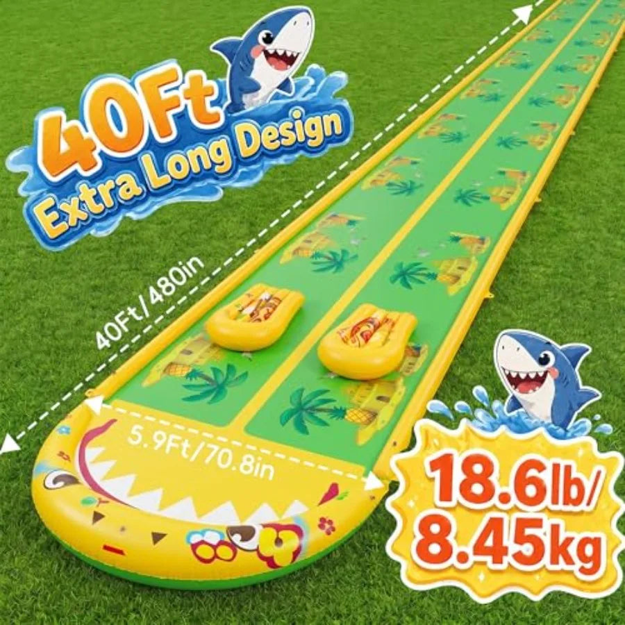 Outdoor backyard water slide for adults and kids, heavy duty PVC, yellow and green, 40×5.9FT with 3-way sprinkler and 2 boards