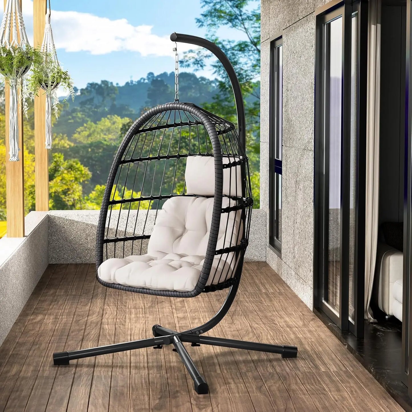 Rattan Wicker Hanging Swing Egg Chair with Stand Hammock Chair Thickened Aluminum for Porch Garden, Customized