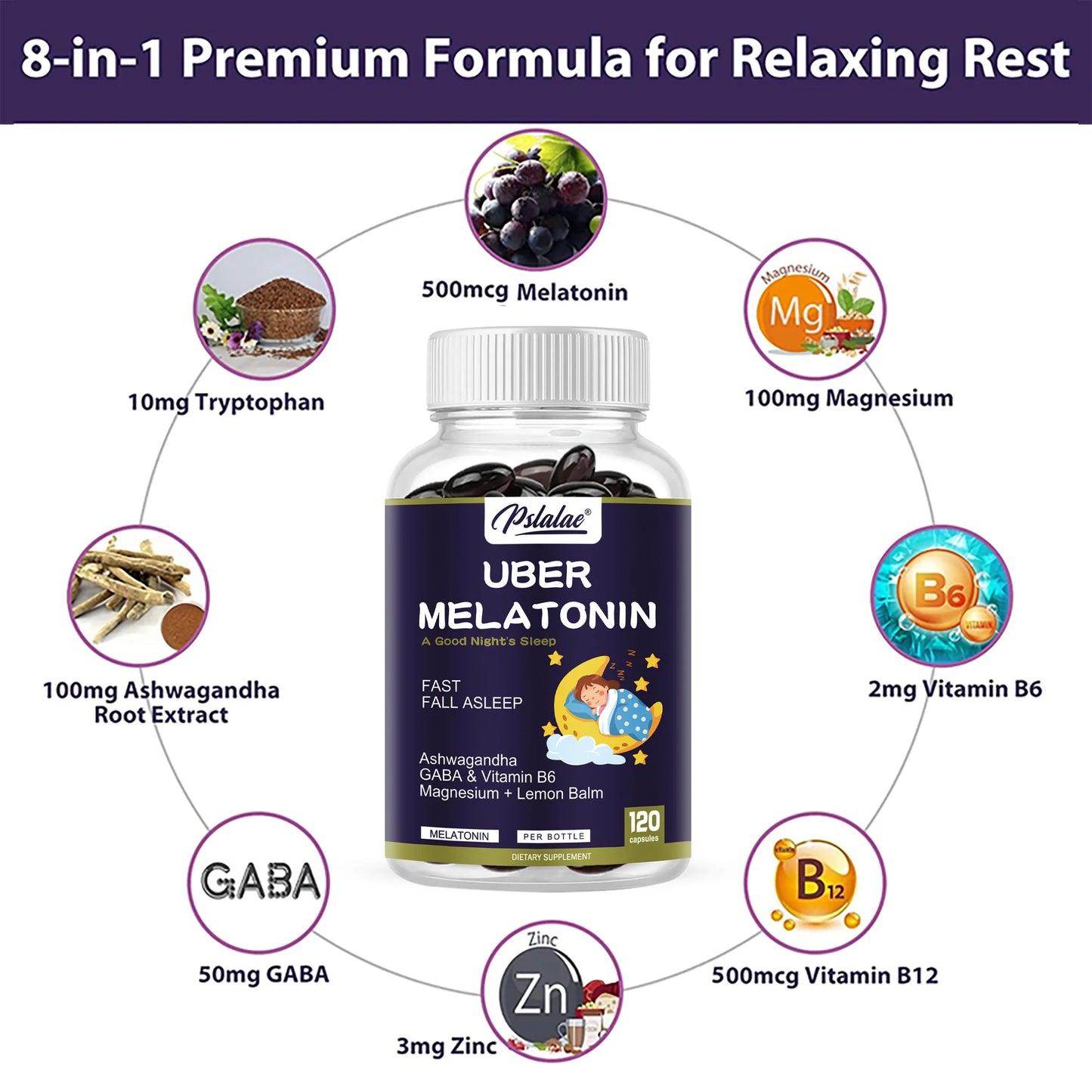 Melatonin - with L-Theanine, Tryptophan, Ashwagandha Supports Circadian Rhythm and Nervous System Health - 120 Capsules