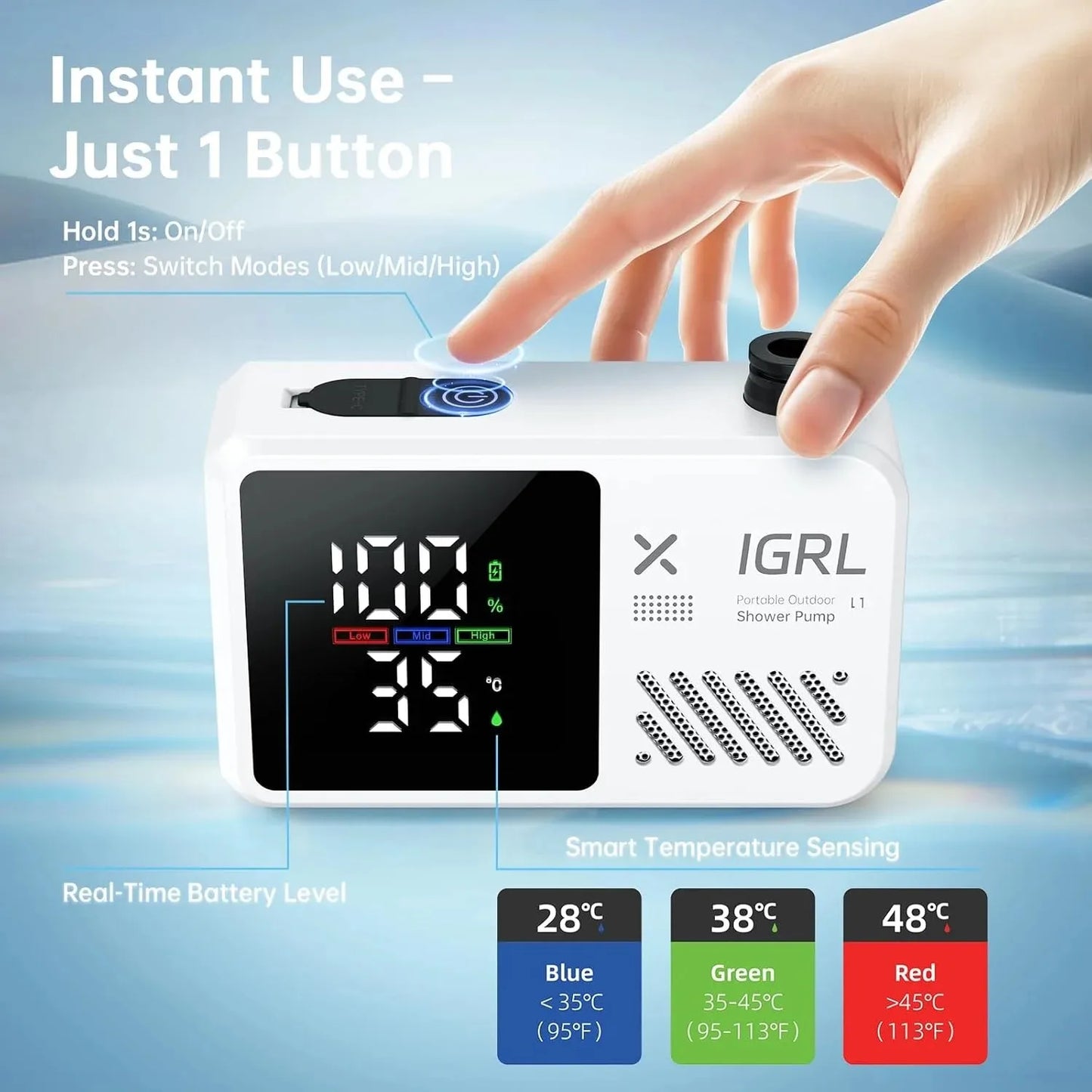 Portable Camping Shower 7800mAh Rechargeable Pump with Digital Display, 4 Water Modes, Bath Sponge, Hiking Travel, Car Wash, Pet