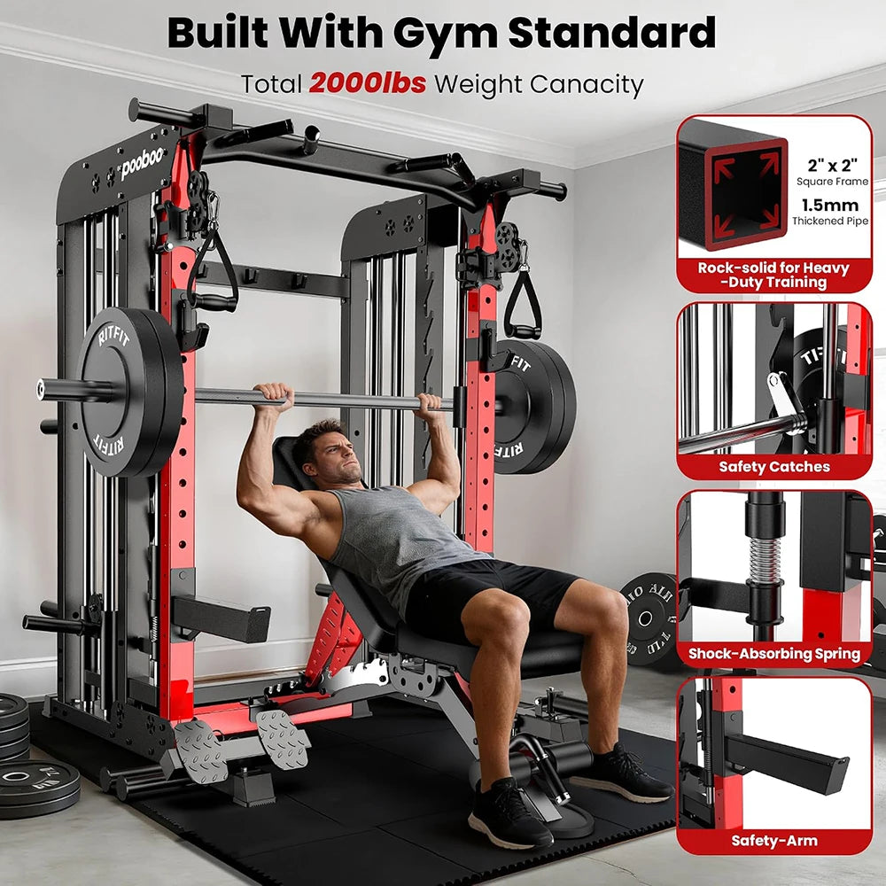 Pooboo Power Cage Smith Machine with 2000LB Squat Rack Cable System | LAT Pulldown and Dual Pulley Cable Crossover with All-in-One Home Gym Machine, Adjustable Stations and Training Attachments with Workout Bench
