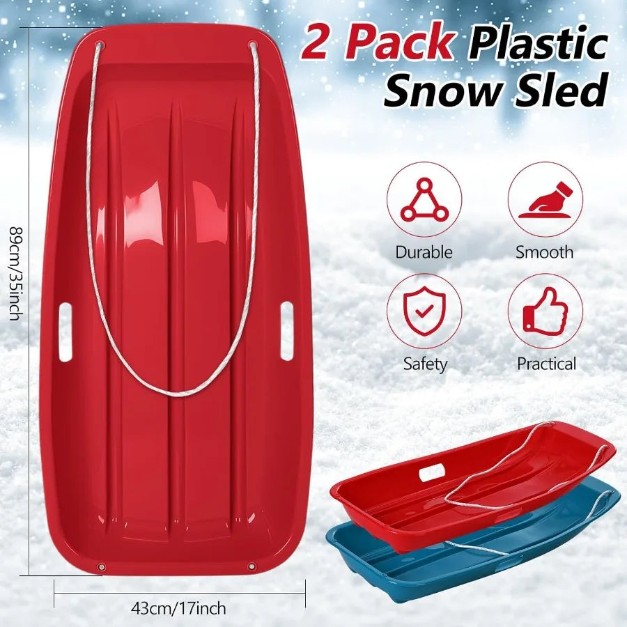 2 Pcs Plastic Snow Sled 35 Downhill Sprinter Winter Toboggan Sled Board with Pull Rope and Handles for Adults Red Durable Winte