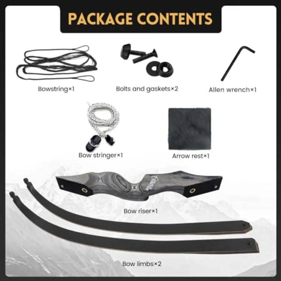 Archery hunting and target practice: black recurve bow with bamboo core limbs, 60-inch takedown design for durability and porta