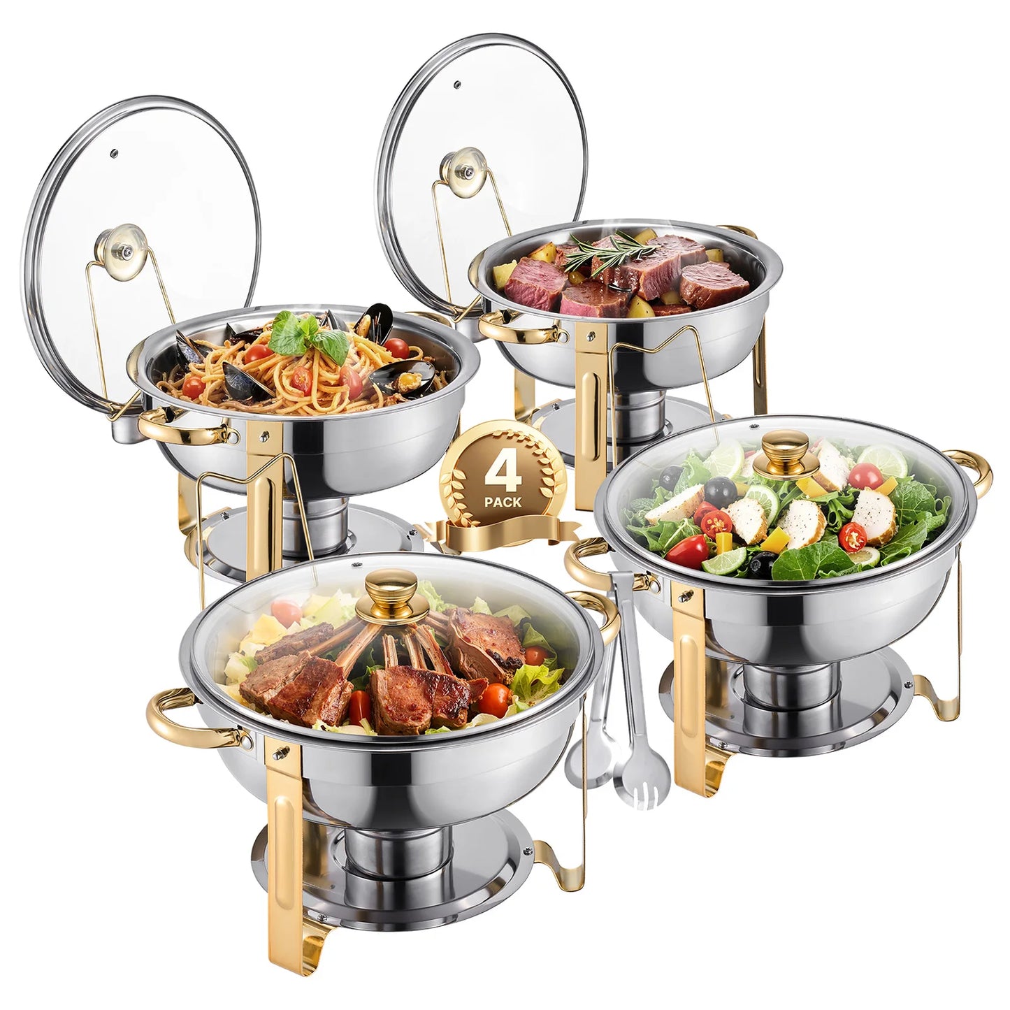 SucceBuy 5 Qt 2 4 Pack Round Chafing Dish Buffet Set Stainless Steel Chafer w/ 4 Full Size Pan Catering Warmer Server for Party