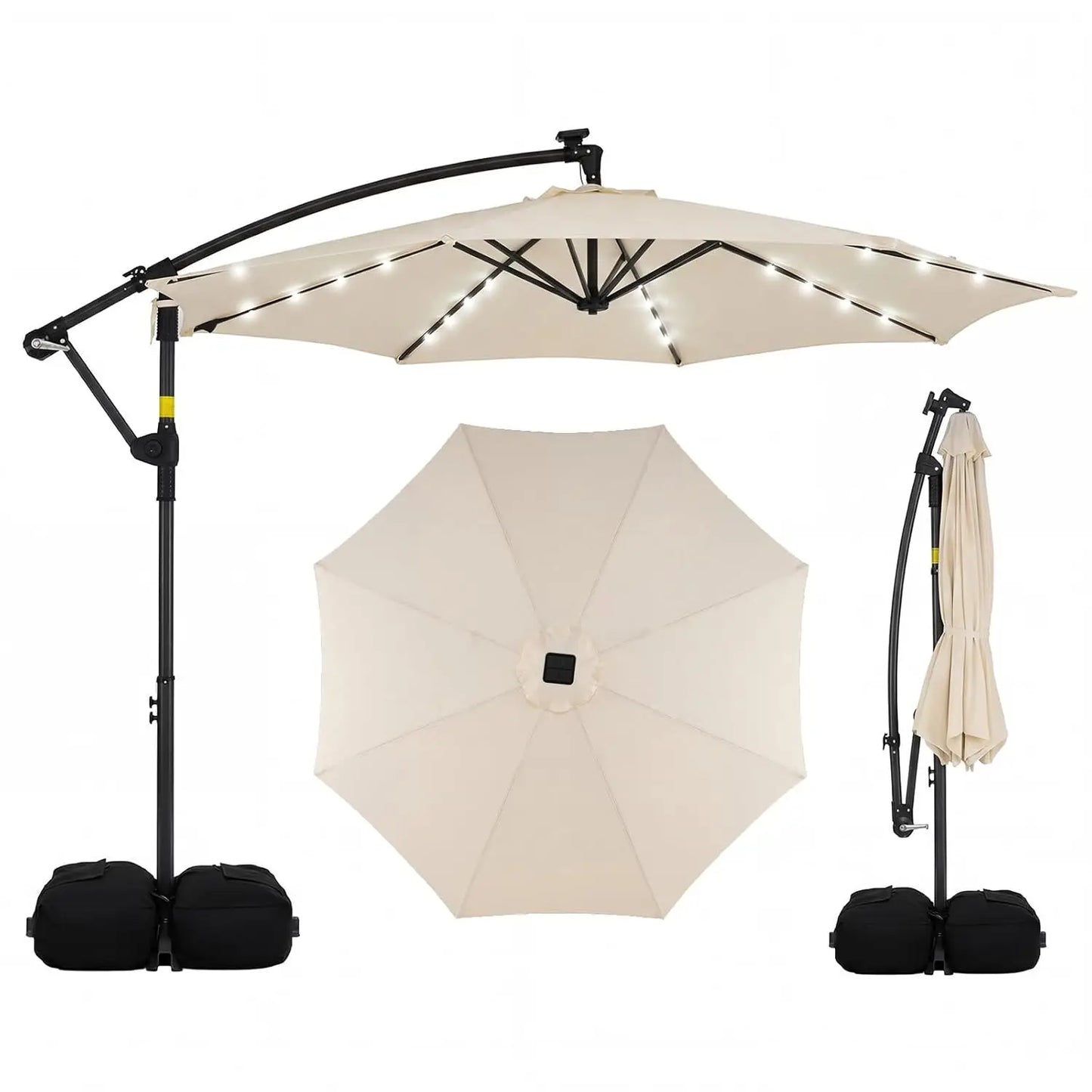 10ft Solar Patio Umbrella with Base Included, Offset Cantilever Outdoor Umbrella with 32 LED Lights, Infinite Tilt,  Customized