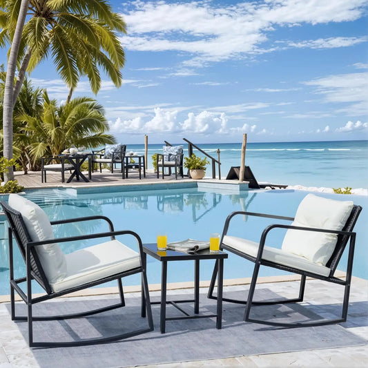 Patio Chairs 3 Piece Wicker Rocking Chair Outdoor Bistro Sets with Coffee Table and Cushions Metal Frame Patio, Customized