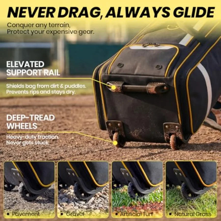 100L Rolling Baseball Catchers Gear Bag - Large Softball Equipment Duffle with Wheels Locker-Style Organizer with 5 Fence Hooks