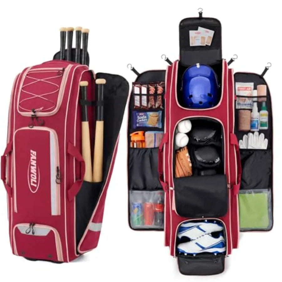 100L Rolling Baseball Catchers Gear Bag - Large Softball Equipment Duffle with Wheels Locker-Style Organizer with 5 Fence Hooks
