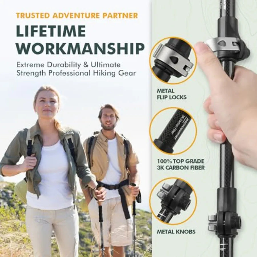 TPC-3K 100% Carbon Fiber Trekking Poles for Hiking - Ultralight Collapsible Hiking Poles with Cork and EVA Foam Grips, Adjustab