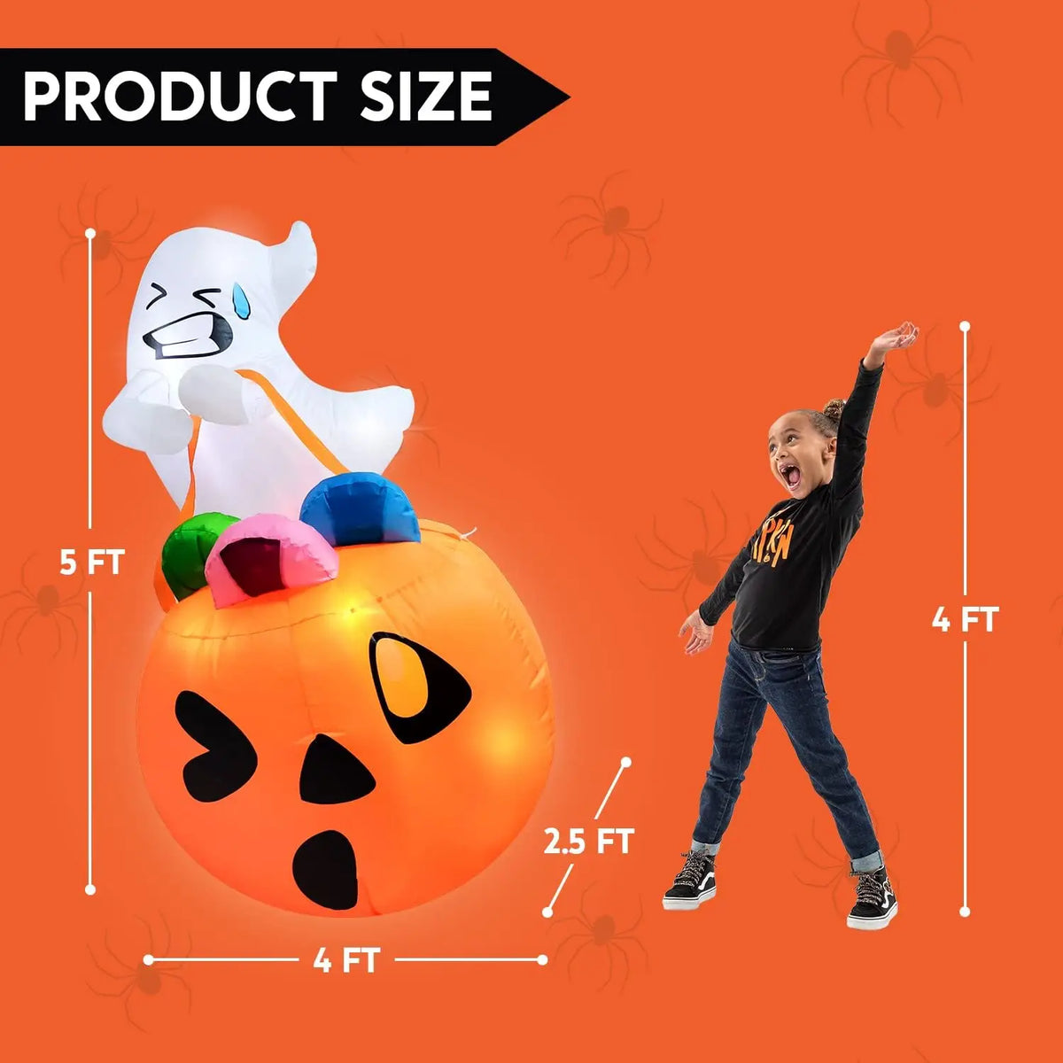 5 FT Tall Halloween Inflatables Outdoor Decorations Cute Ghost Blow Up Ghost Lift Pumpkin Candy Bag with Build-in LEDs For Halloween Gifts