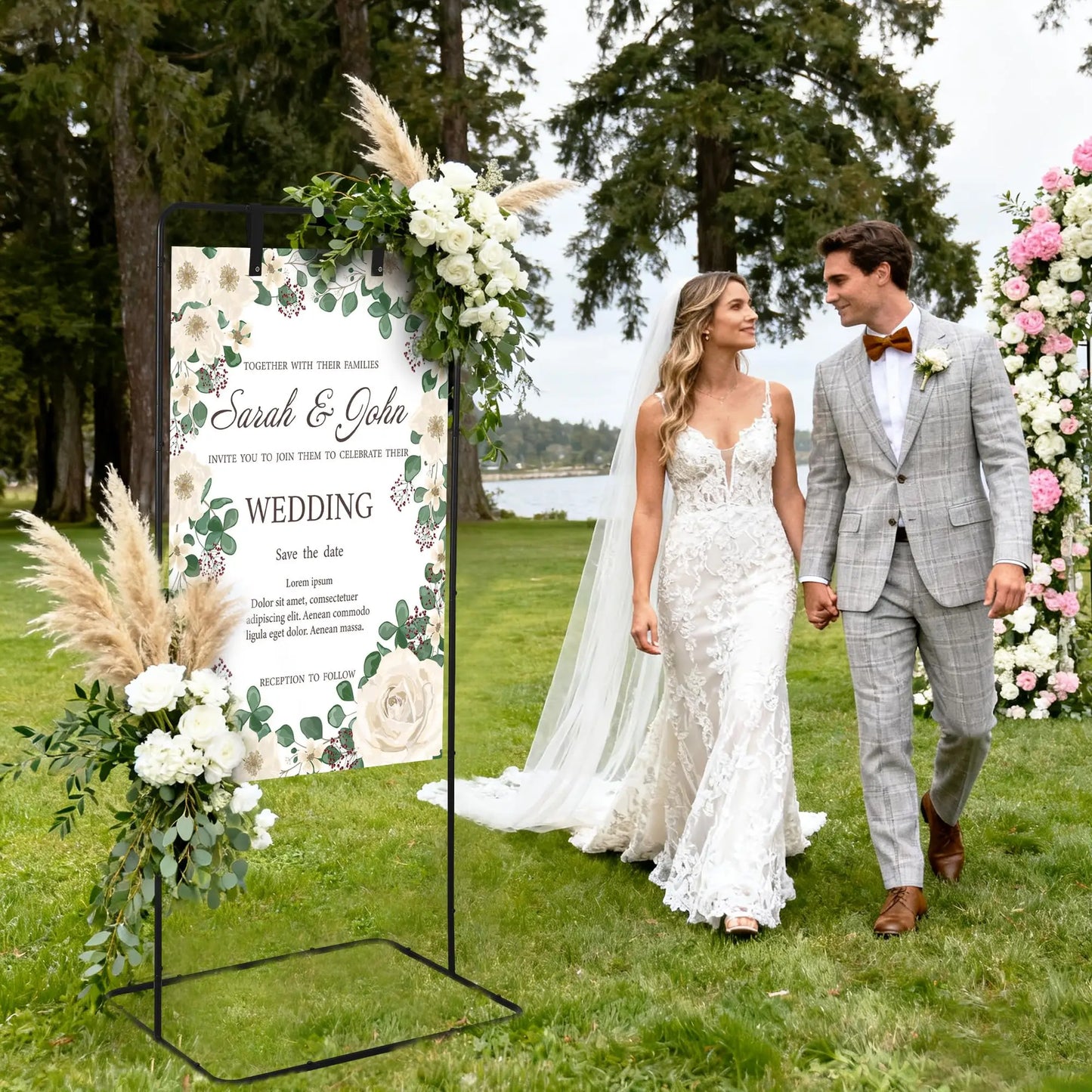 Adjustable Welcome Sign Stand 50 to 68 Inch Metal Easel Sign Holder for Wedding Birthday Baby Shower Parties with Leather Straps