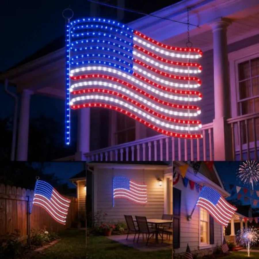 LED American Flag Lights for Wall Pole Light Up US Flags 24"x21.65" Lighted Flag with 340 LEDs Red Blue White Colors Waterproof