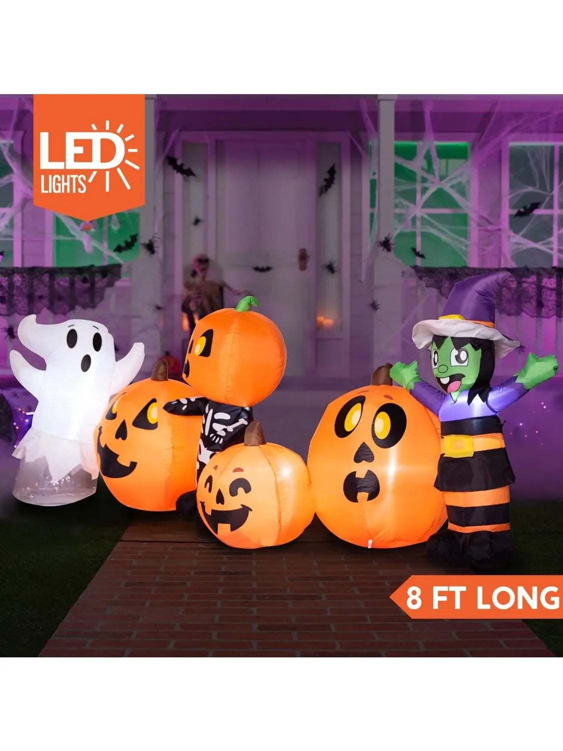8 ft Long Halloween Inflatable Three Characters and Pumpkin Patch Outdoor Decoration Inflatable Witch Ghost Skeleton Yard for Halloween Gift