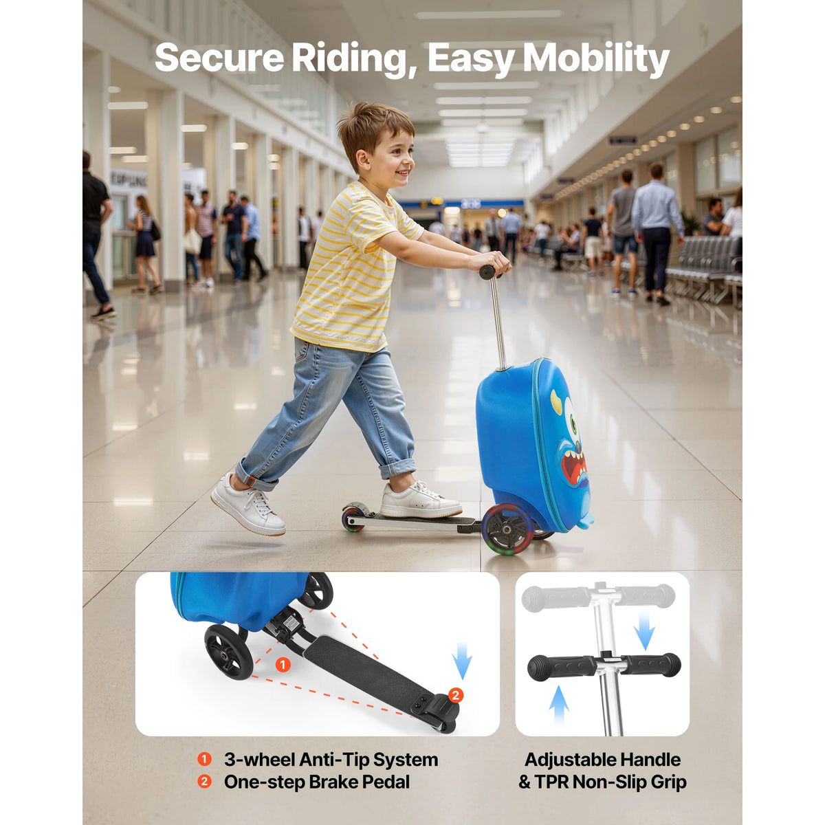 SucceBuy 20in Ride-on Luggage 20L Kids Scooter Suitcase with Flash PU Wheels & Adjustable Handle Foldable Luggage for Children