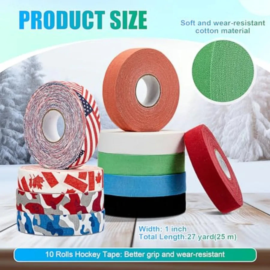 10 Rolls Multipurpose Hockey Tape Adhesive Shin Pad Sock Stick Tape for Ice Skate Sports Hockey Gifts Gear Equipment