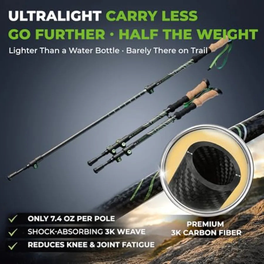 3K Carbon Fiber Trekking Poles 210g - Pair of Ultralight Hiking Poles with Cork Grips, Collapsible Telescopic Walking Sticks, M