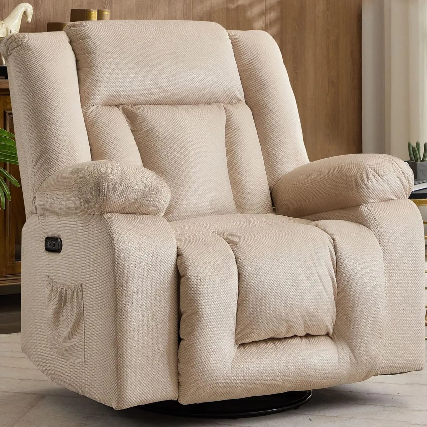 Oversized Power Recliner Chair,Electric Glider Reclining with Massage and Heating,Waffle Fabric Rocker Recliner with Side Pocket
