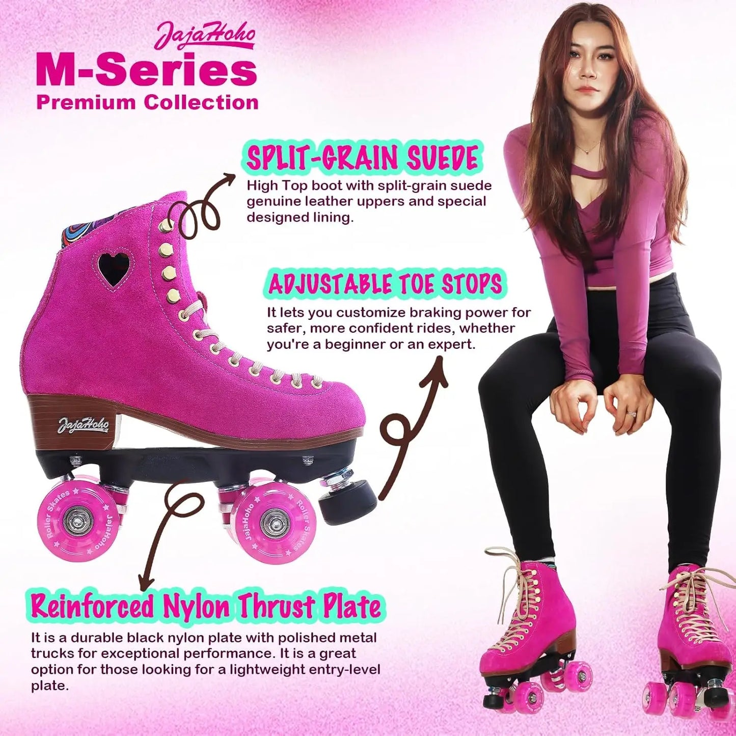 Fuchsia Quad Roller Skates for Women and Girls, High-Top Suede Leather, LED Light-Up Wheels, Indoor Outdoor Use