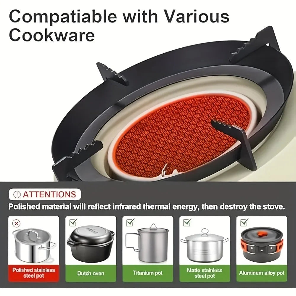 Portable outdoor burner cooking stove, camping backpack stove, with fuel canister adapter and piezoelectric igniter.