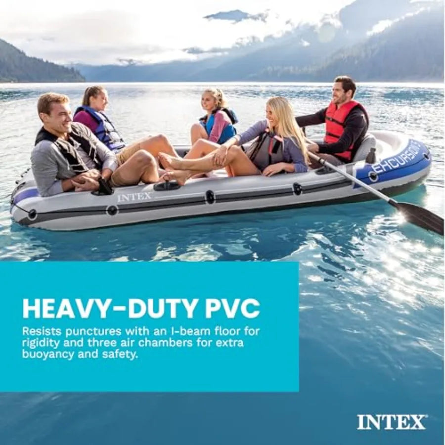 Excursion Inflatable Fishing Boat River Raft Set With Oars For Outdoor Water Activities, PVC Material, Gray And Blue, Durable A