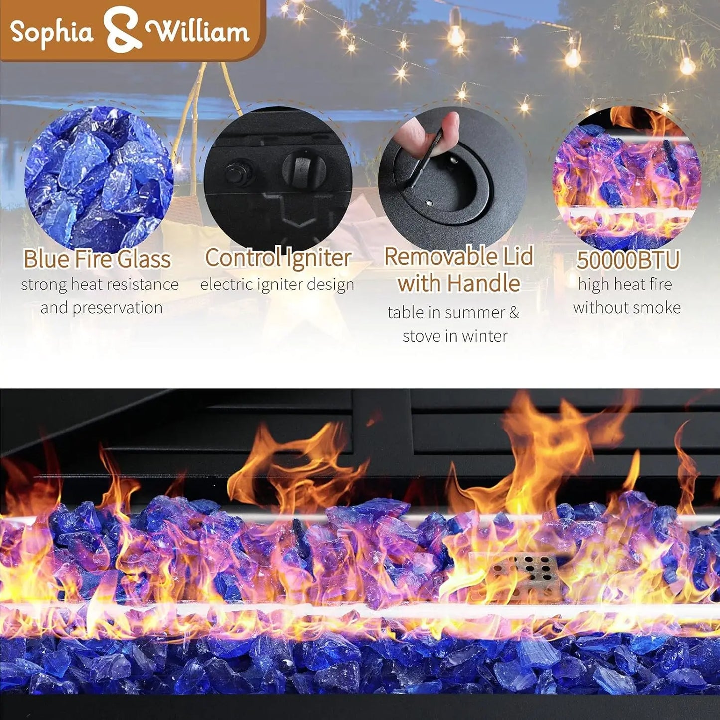 Propane Gas Fire Pit Table 45 Inch 50,000BTU Rectangular Outdoor Firepits for Outside Patio with Lid and Blue Fire Glass, Black
