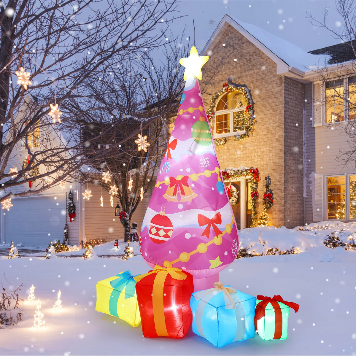 7.1ft Pink Christmas Tree Inflatable Outdoor Yard Decor With Led Lights And 4 Gift Boxes, Blow Up Holiday Decoration For Lawn Garden