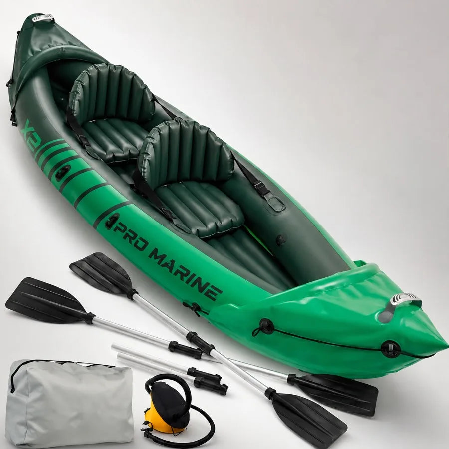 Inflatable Tandem Kayak Set For Outdoor Water Sports, PVC Material, Blue And Gray, Includes Seats Paddles Pump And Carry Bag