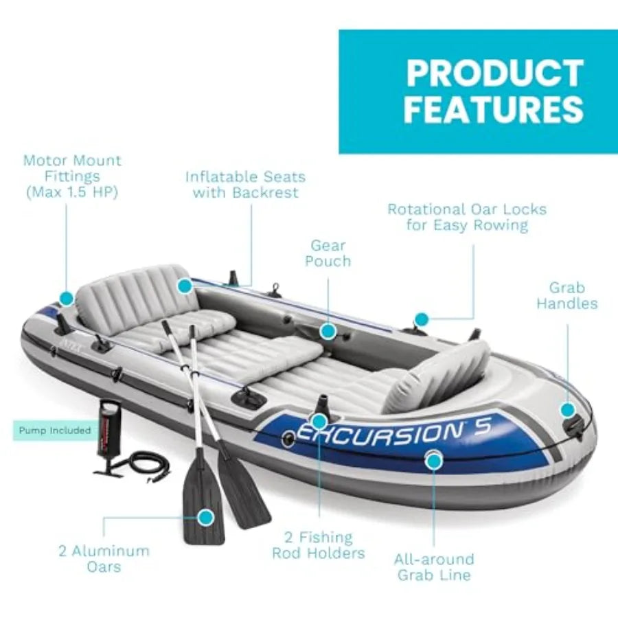 Excursion Inflatable Fishing Boat River Raft Set With Oars For Outdoor Water Activities, PVC Material, Gray And Blue, Durable A