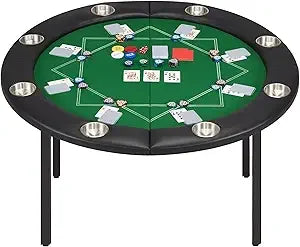 8 Players Poker Table Foldable, Round Casino Texas Holdem Table with Stainless Steel Cup Holders & Faux Leather Padded