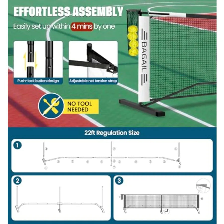 Portable Pickleball Net Set 22 FT Regulation Size Pickle Ball Net with Ball Collector 4 Balls and Carry Bag Easy Setup for Outd