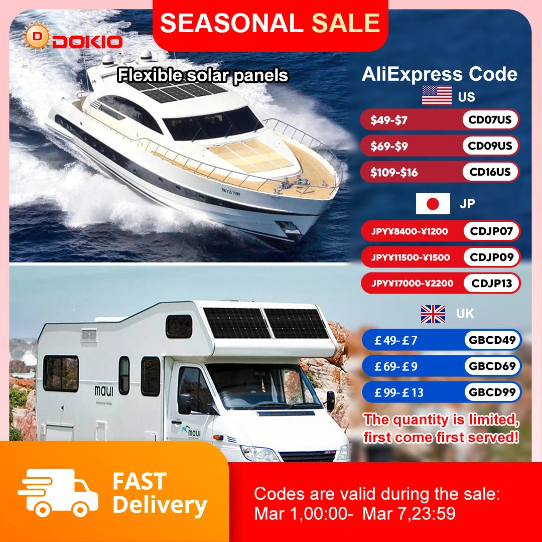 USA Shipped DOKIO 100W-400W Flexible & Durable Solar Panel, 12V/18V Waterproof Portable Charger for RV Camping Boat Van