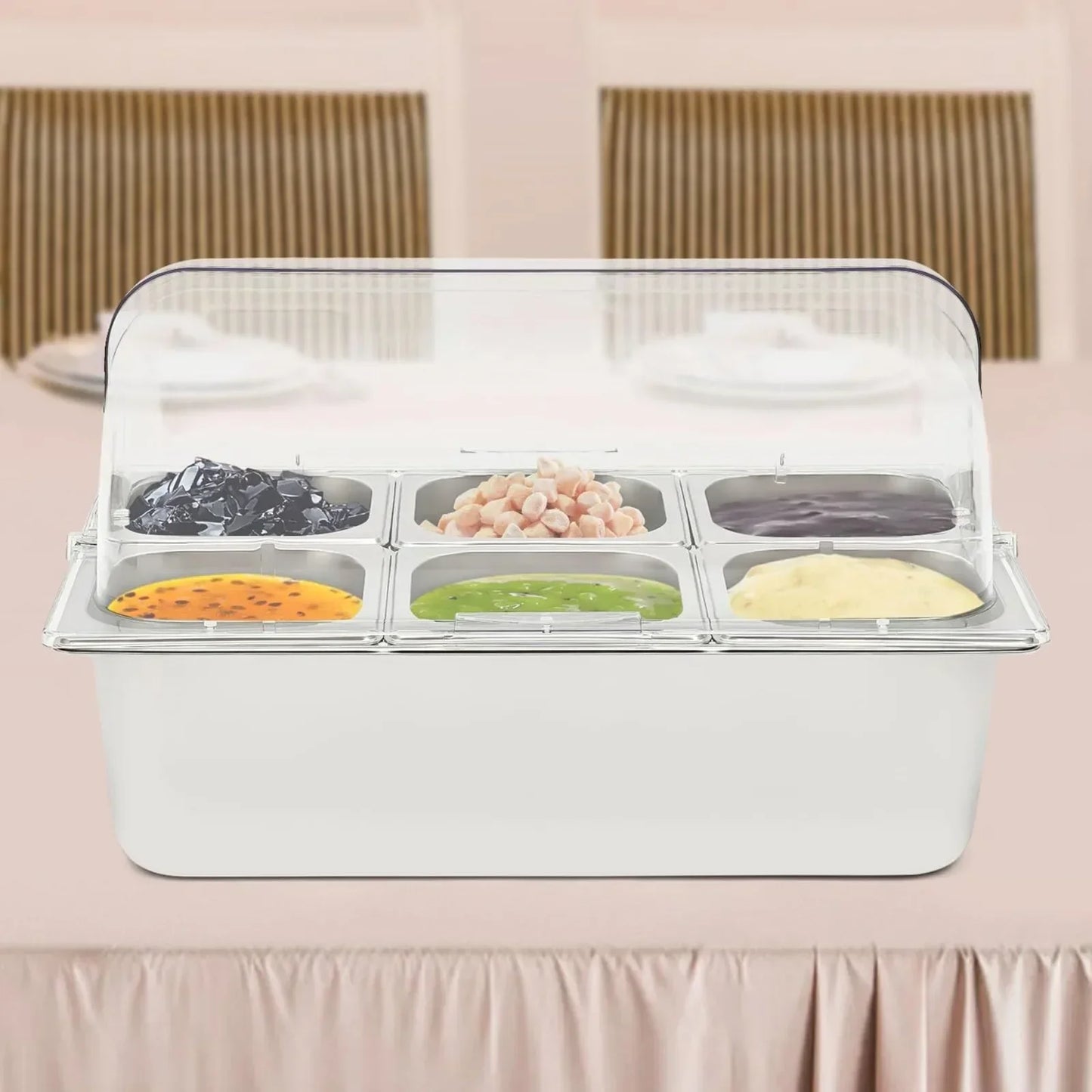 6-grid Stainless Steel Food Display Stand with Lid, Detachable Buffet Serving Plates for Restaurant Cafeteria Kitchen Countertop