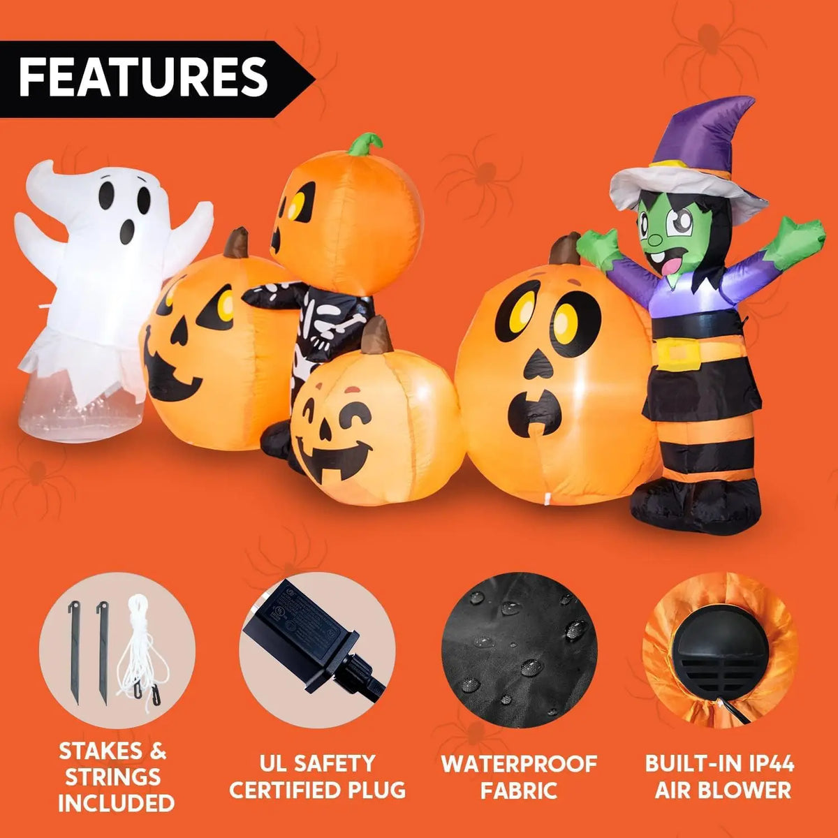 8 ft Long Halloween Inflatable Three Characters and Pumpkin Patch Outdoor Decoration Inflatable Witch Ghost Skeleton Yard for Halloween Gift